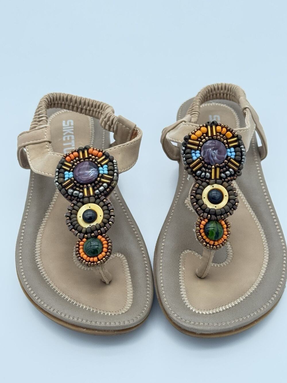 SIKETU Beaded Boho Thong Sandals Beige Multi-Stone Women Sz 37/7